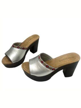 Sandra Metallic Platform 4” Boho‎ Heels Women’s Sz 8 Silver Embroidered Casual
